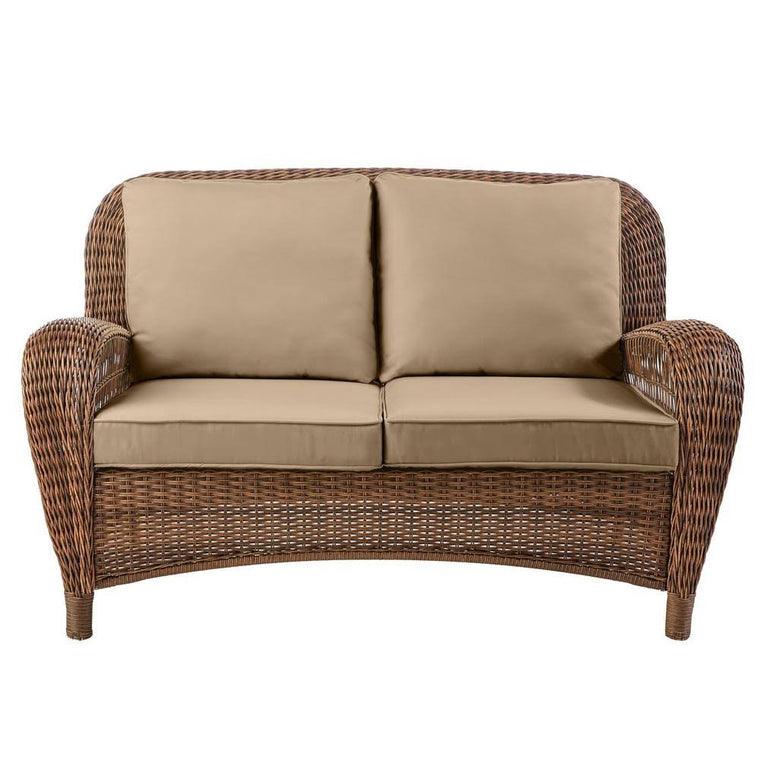 Hampton Bay Beacon Park Outdoor Patio Loveseat with Brown Wicker Frame and Standard Toffee Tan Cushions
