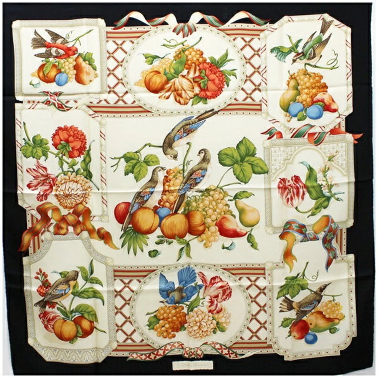 Pre-Owned Salvatore Ferragamo Womens Silk Scarf Muffler, Black and Ivory Tori Design, Good Condition