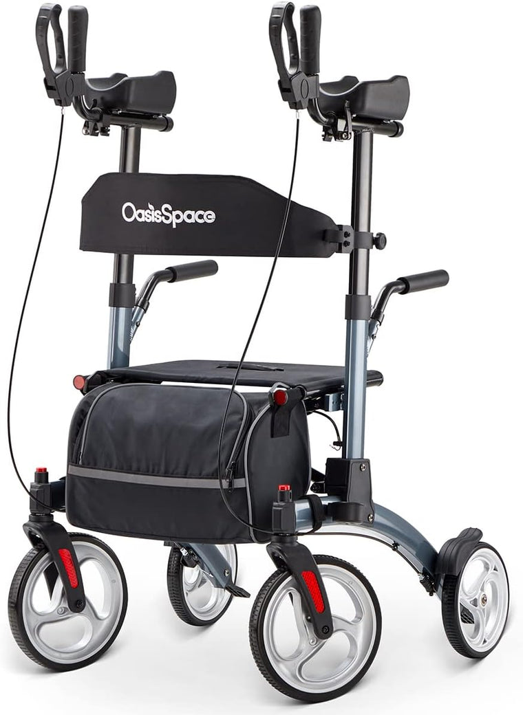 OasisSpace Upright Rollator Walker with Seat, Padded Armrests, Stand-Up Handles, Ultra-Folding Design and 10?? Front Wheels