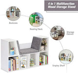 HJZBNONE 6-Cubby Children’s Bookcase with Cushioned Reading Nook, Organizer Cabinet with Soft Cushion and Thick Wood Board, Modern White